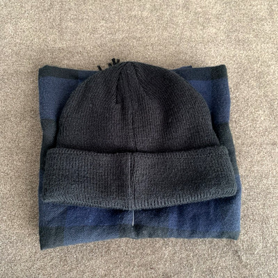 Club Room Men's Beanie & Scarf Set Navy Blue/Black Plaid Twist Fringe Knit NWOT