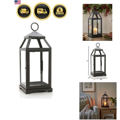14 Inch High Large Clear Glass Iron Classic Style Lantern Elegant Candle Hold...