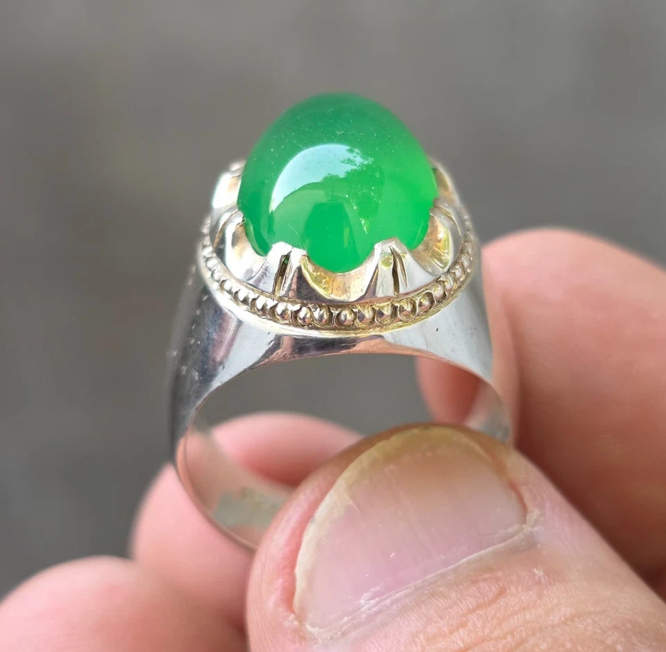 Real Green Yemni Agate 925Sterling Silver Men Ring Rare Natural Green Aqeeq Ring - Image 4 of 4