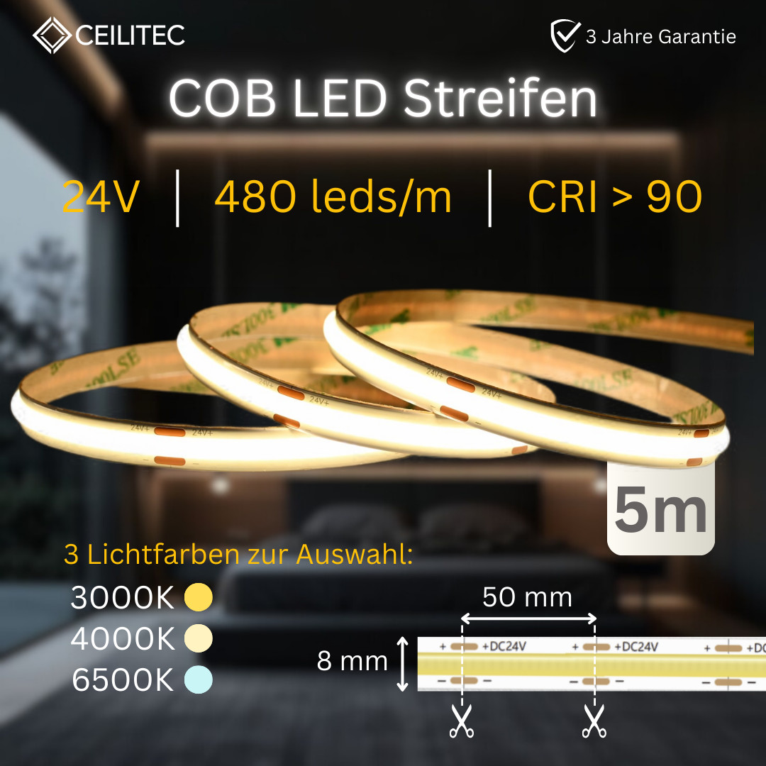 COB LED Streifen 24V CRI 90 Strip 10W/m 480leds/m 3000K-6500K 5m-30m 8mm breit