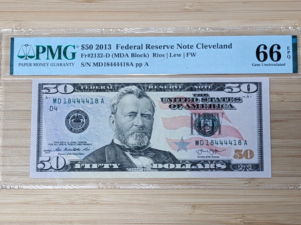 US $50 Dollar Bill 2013 Graded PMG 66. Fancy Serial # 18444418 Almost Palindrome - Image 4 of 4