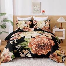 Floral Quilt Set Queen, Elegant Gold Flower Bedspread Queen 90" 96" Black Boho