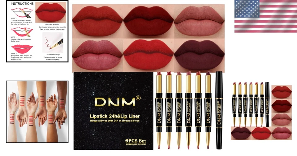 Lipstick Lip Liner Set Red 6pcs Matte Long Lasting Waterproof for Women - Image 2 of 4