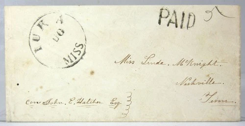 1861 CONFEDERATE CIVIL WAR COVER IUKA MISSISSIPPI PAID 5 HANDSTAMP & MANUSCRIPT