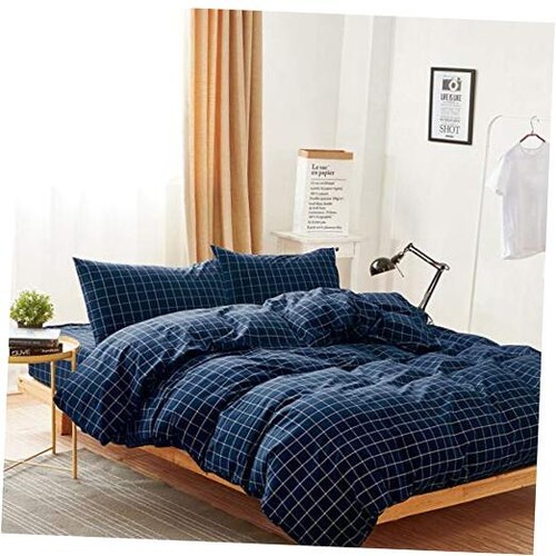  - Grid Cotton Duvet Cover Set, Plaid Checkered Geometric Full Navy Blue - Picture 1 of 8