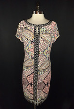 BEIGE BY ECI Size 12 Shift Dress Black Pink Purple Floral Beads Short Sleeve