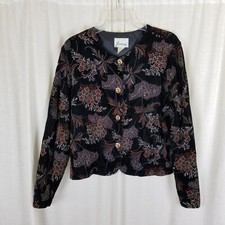 Vtg Joanna Black Velvet Floral Textured Whimsigoth Blazer Jacket Womens L USA