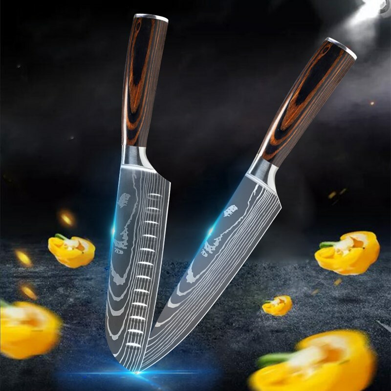 2Pcs Kitchen Knives Set Japanese Damascus Style Stainless Steel Chef's Knife US