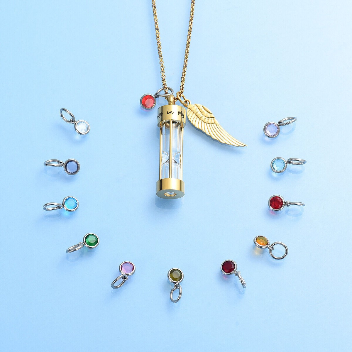 Timeless Hourglass 12 Birthstone Wing Cremation Urn Necklace for