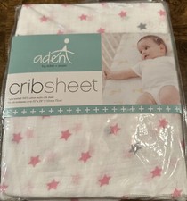 Aden  Anais Cotton Muslin Crib Sheet Pink  Grey Stars Fits Up To 52  x 28  NEW