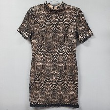 Forever 21 Lace Dress Large Sheath Black & Tan Keyhole Back Geometric Mini 