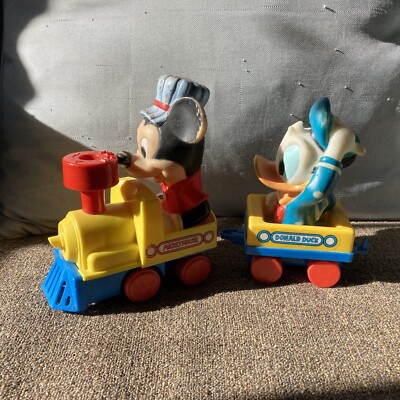 Vintage Walt Disney Mickey Mouse Train Engineer Toy 1987 Anillco + Donald Duck
