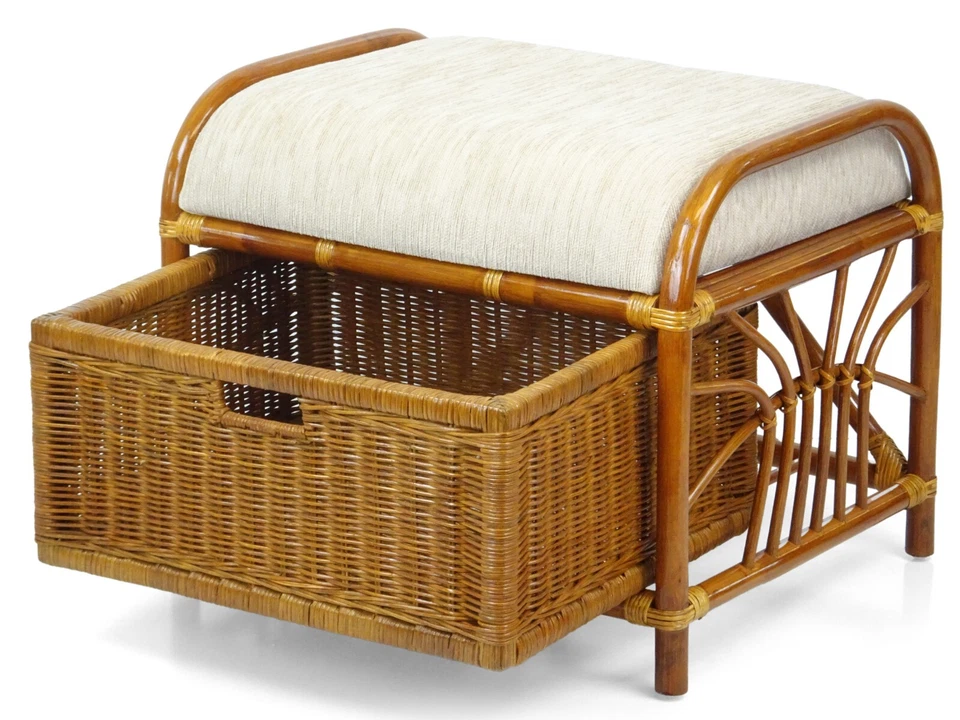 Krit Handmade Rattan Wicker Ottoman Footstool  w/Basket w/Cushion - Image 4 of 4