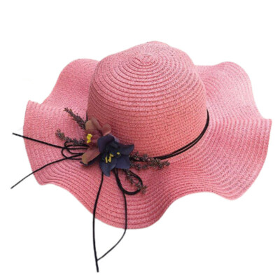 Summer Womens Outdoor Flower Straw Hat Foldable Basin Roll Brim Wave Side  Bucket