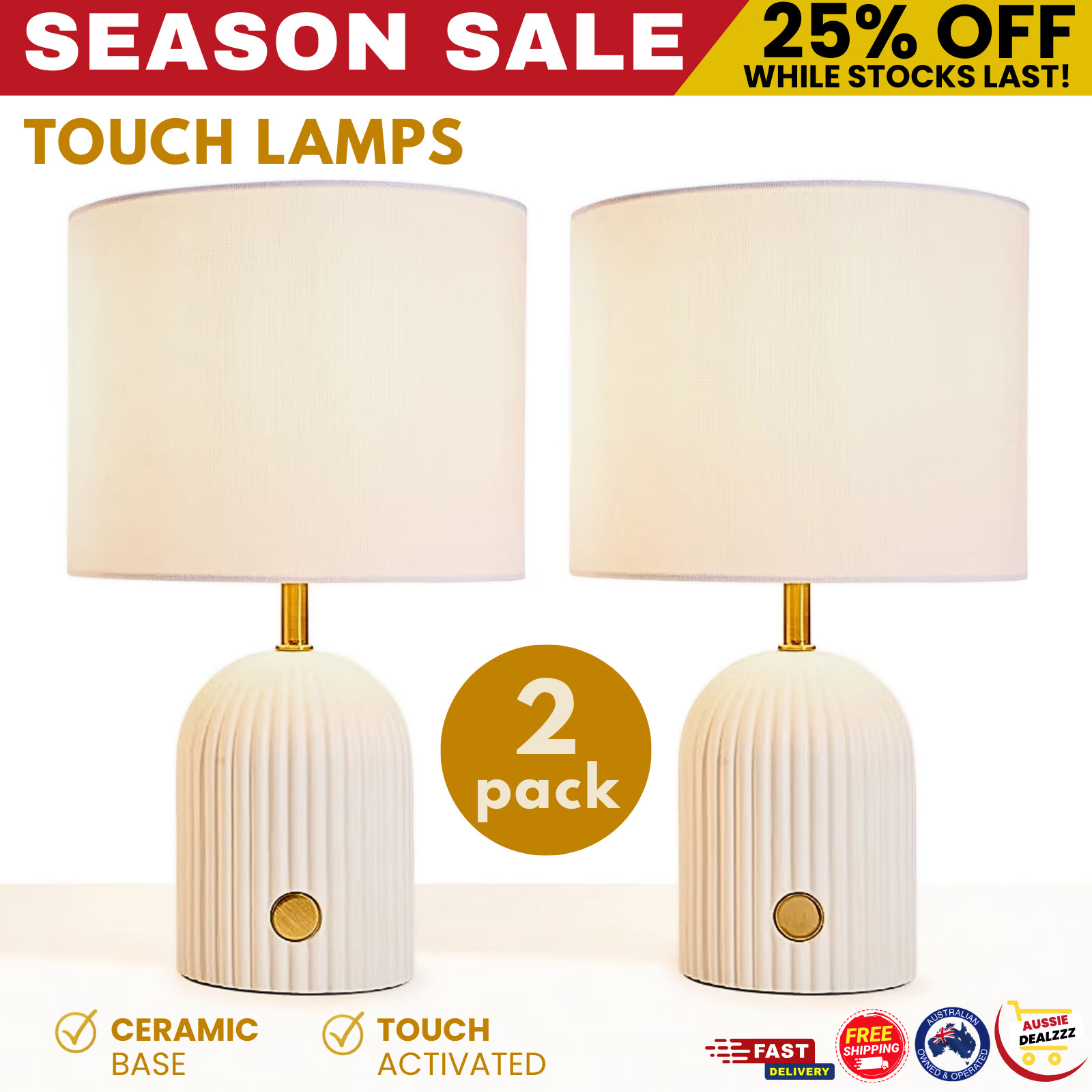 2x TOUCH TABLE LAMP CERAMIC BASE LAMP SHADES BEDSIDE TABLE LIGHT DECOR
