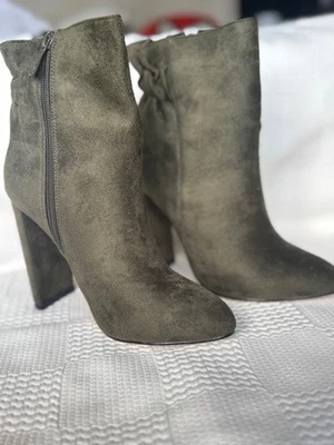 Women's Olive Green Suede Ankle Boots – High Block Heel Zip Up Heeled Booties - Image 1 of 4