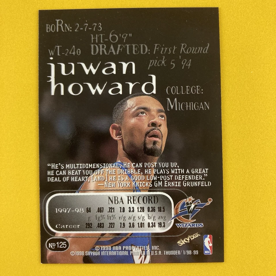 Juwan Howard 1998-99 Skybox Thunder Card #125 NBA Washington Wizards - Image 2 of 2