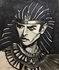 pencil and ink art portrait drawing Yul Brynner as Pharaoh by MRobinson 13 x 11"