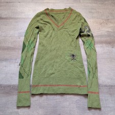 Y2K Graphic Sweater Dress Womens Green Argyle Unicorn V-Neck Knit Mini Small