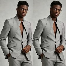 Men Suits Light Gray 2 Piece Slim Fit Groom Blazer Wedding Business Outfit Set