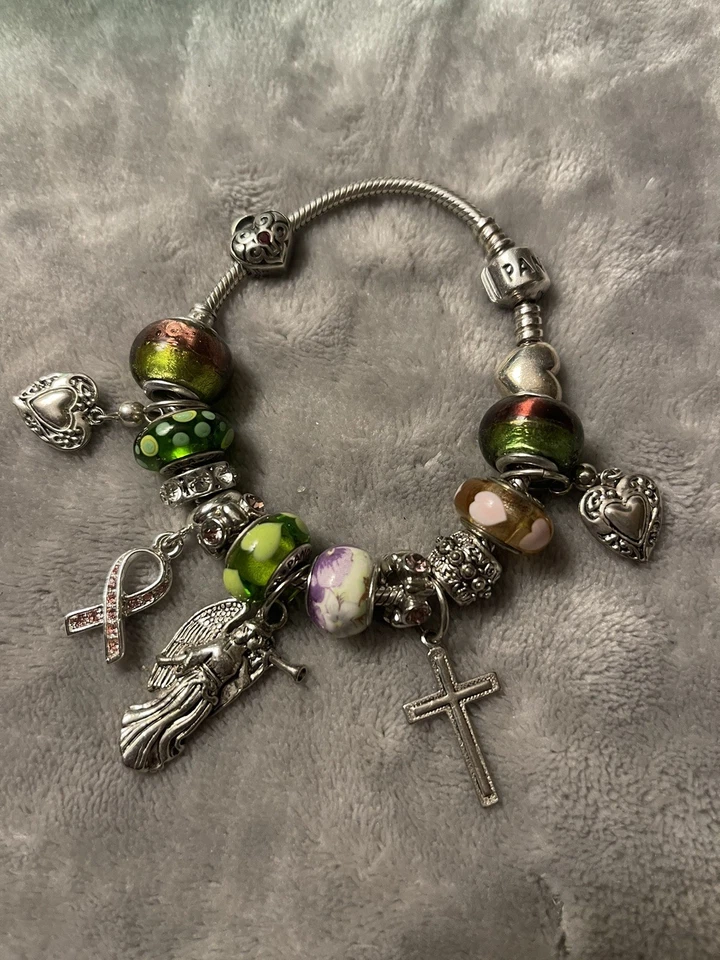 Pandora 925 Garden of Life Pink Ribbon Bracelet w 17 Beads Hearts & Charms - Image 3 of 4