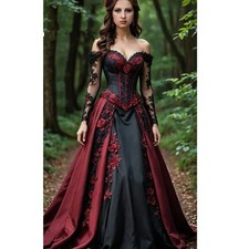 Black Burgundy Gothic Victorian Pprom Dresses Off Shoulder Long Sleeve 3D Floral