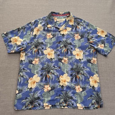 Tommy Bahama Hawaiian Shirt Mens XL Blue Silk Button Up Floral Loop Collar