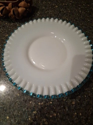 VTG. Fenton Aqua Crest Ruffled Milk Glass Plate Rare 1948-1954 11.5 “ Wide Rim