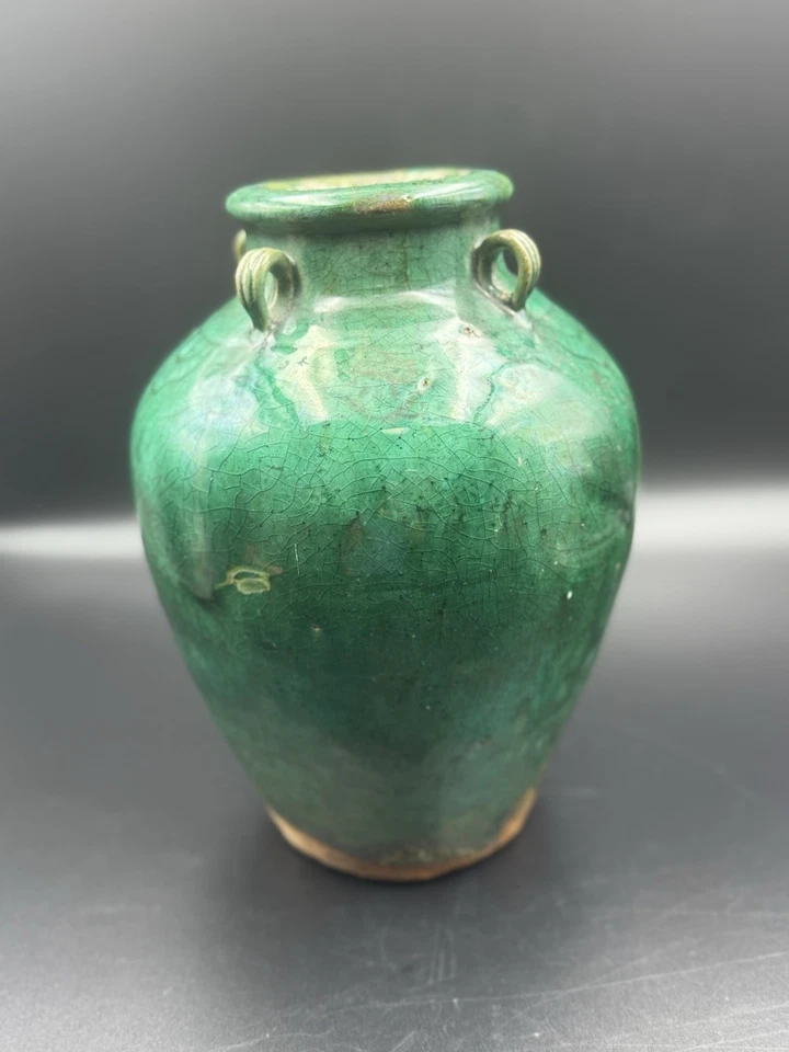 Antique Chinese Green Crackle Glaze Jar w/ Loop Handles & Mark, 9.5” - Image 2 of 4