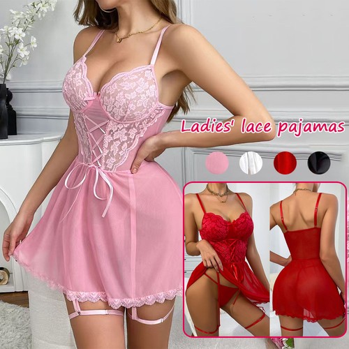 Set G-string bretelle donna lingerie sexy intimo pigiama abito pizzo rete☋ - Foto 3 di 28