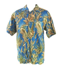 Joe Marlin Hawaiian Aloha Shirt Large Tropical Leaves Blue Tan Green