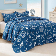 King Size Quilt Bedding Set Conch Star Blue Bedspreads - Summer