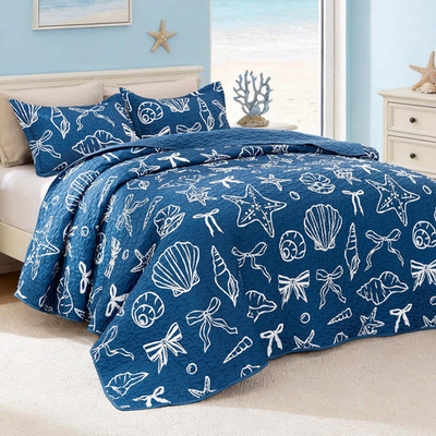 King Size Quilt Bedding Set Conch Star Blue Bedspreads - Summer