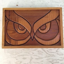 Vintage Wood Carved Inlay Marquetry Owl Wall Hanger Woodcraft