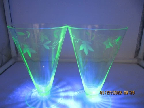2 Vintage Uranium Vaseline Depression Glasses, Tumbler, Parfait, Green