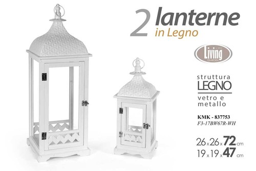 SET 2 LANTERNE PORTACANDELA LANTERNA METALLO LEGNO EVENTI GIARDINO 72 e 47 cm - Foto 2 di 2