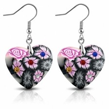 Fimo Alloy / Polymer Clay Love Heart Pink Flower Long Hook Earrings