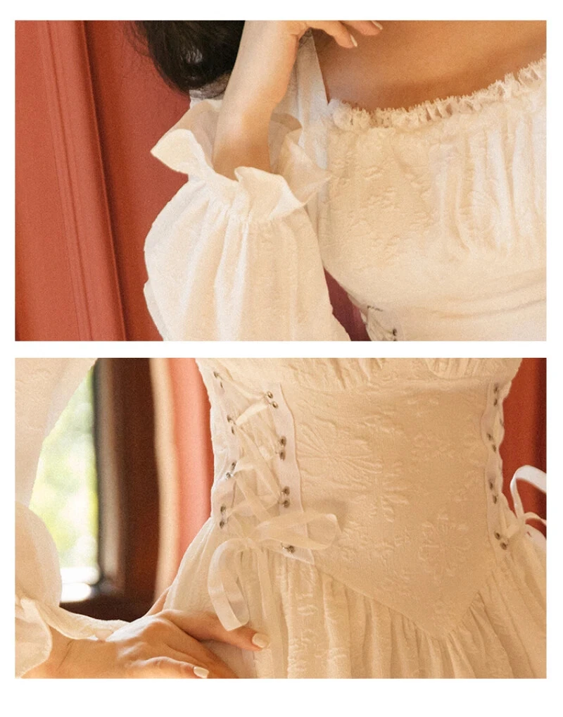 OFF WHITE Abito lungo jacquard fata primavera autunno donna vestito colletto quadrato