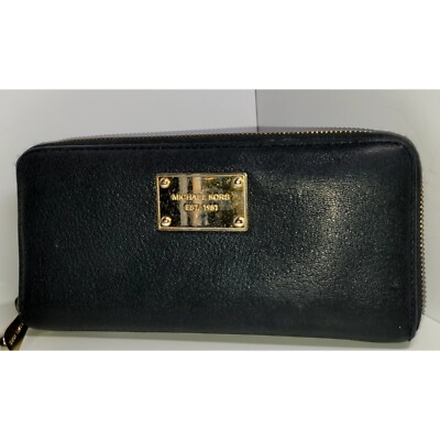 Michael Kors Zip Around Wallet Black Goldtone Hardware Large