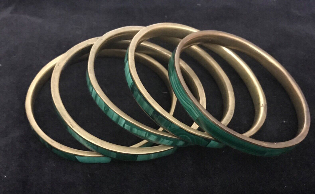 バーマイトアンバー、かんざし 5 Vintage African Malachite Inlaid Brass Bangle Bracelet