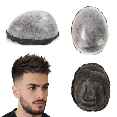 Mens Toupee Human Hair Replacement System Injected Poly Skin Hair Piece #4