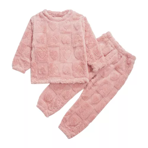 Kids Boys Girls Pajamas Set Solid Color Tops With Pants Round Neck Flannel Suit - Foto 10 di 72