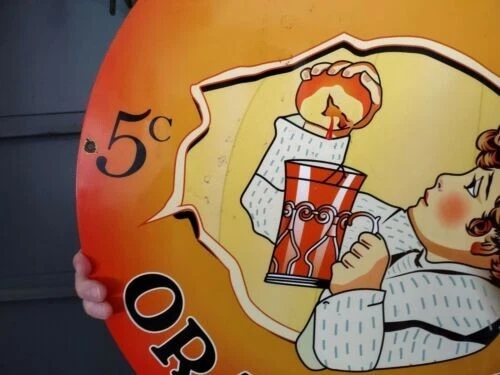 LARGE VINTAGE GOLDEN ORANGEADE PORCELAIN HEAVY METAL ORANGE JUICE SIGN 24" - Image 3 of 4