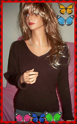 L Large XL Brown CONTEXT Ribbed Pullover Sweater Top V Neck Cotton Blend Shirt