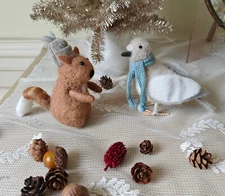 2 PC Felted Wool Squirrel & Pigeon Bird Friends Winter Christmas Animals Decor