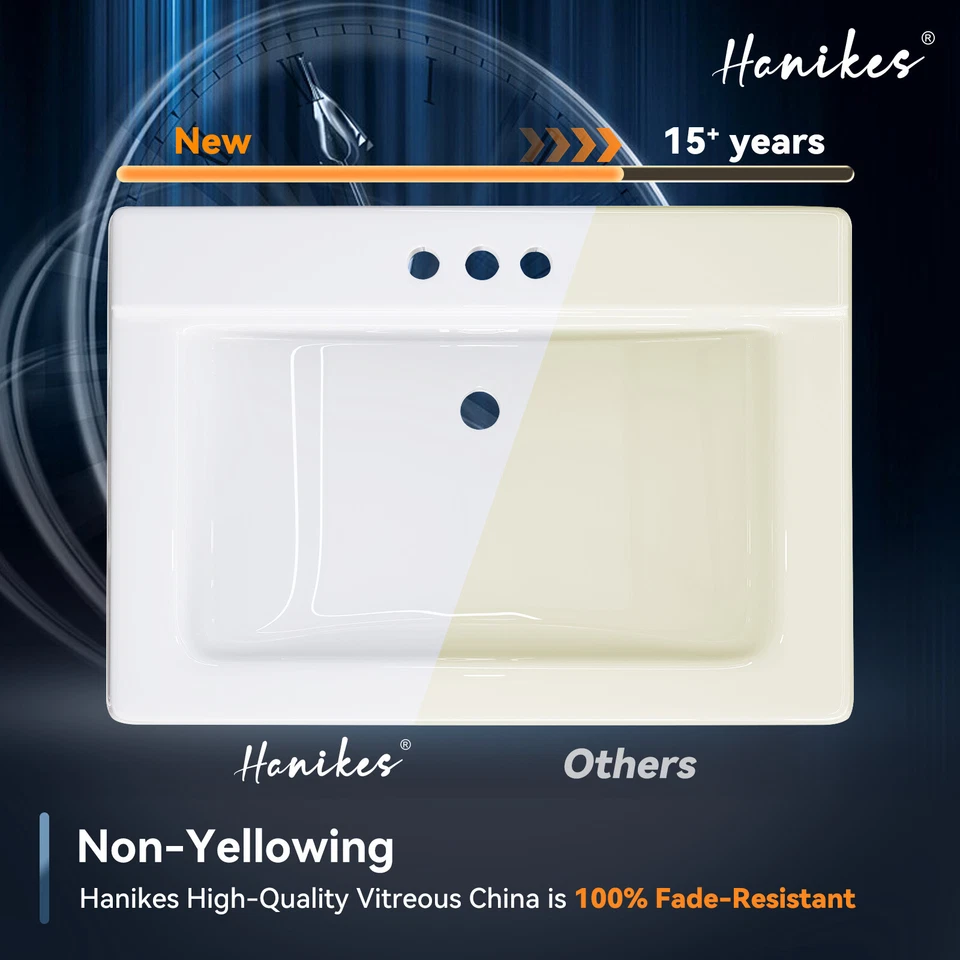 Fregadero de baño con pedestal de porcelana vítreo rectangular blanco de 34" de alto con desbordamiento Foto 4 de 4