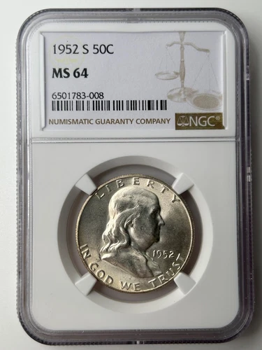1952 S Franklin Half Dollar NGC MS64 Tougher Date/Nice 64
