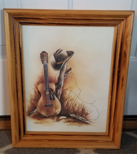Minnie Wonsmos Western Cowboy Guitar Print Framed 17x14
