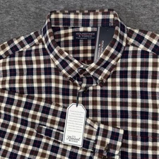 Roundtree & Yorke Men Portuguese Flannel Shirt White Blue Brown Plaid 2XB NEW