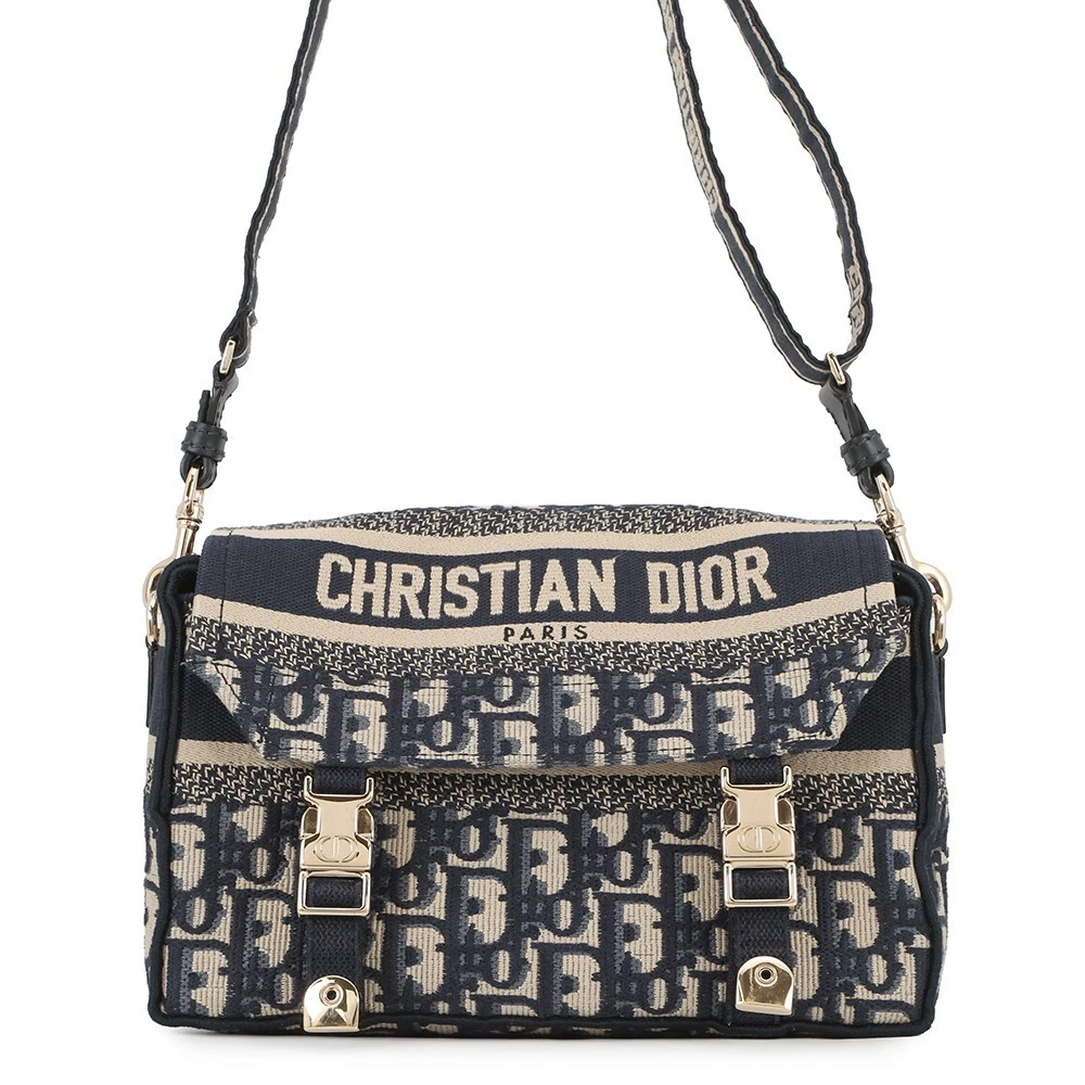 Dior — Dior Diorcamp Oblique Embroidery Shoulder Bag Size Small Canvas Navy/Beige M...